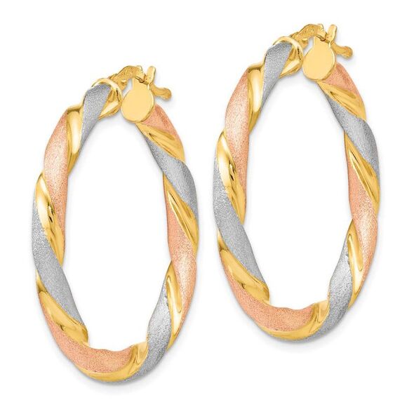 3.5mm Tri-Color Twisted Round Hoops in Gold Tone Sterling Silver, 33mm - Picture 2 of 5